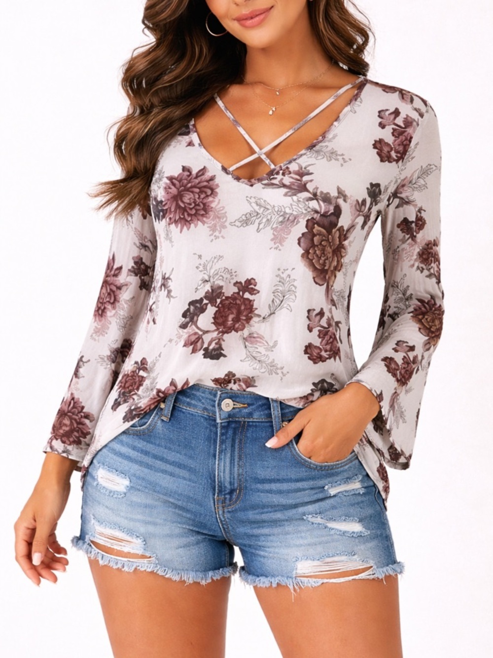 Free People Floral Rayon Cross Strap Bell Sleeve Shift Tunic Blouse Size XS